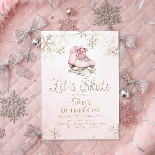 Ice Skating Winter Birthday Party Let's Skate Gold 招待状