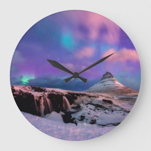 Ice & Snow | Northern Lights,  Kirkjufell Mountain ラージ壁時計 (正面)