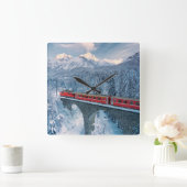 Ice & Snow | Red Bernina Express Train Switzerland スクエア壁時計 (ホーム)