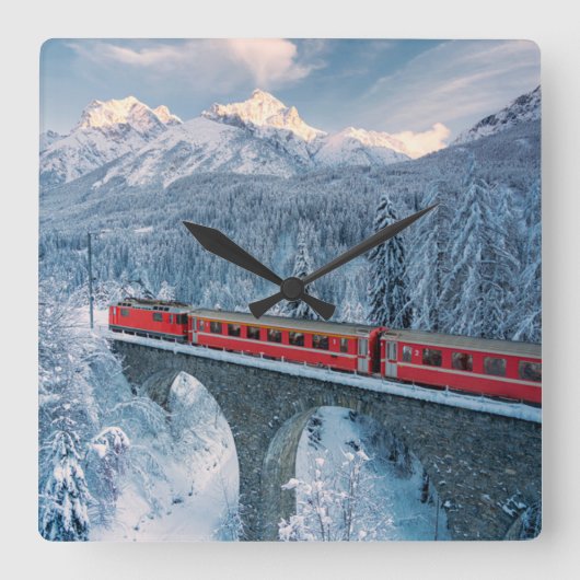 Ice & Snow | Red Bernina Express Train Switzerland スクエア壁時計 (正面)