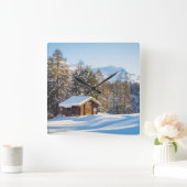 Ice & Snow | Winter Log Cabin Swiss Alps スクエア壁時計 (ホーム)