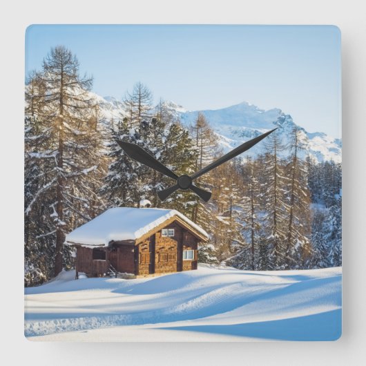Ice & Snow | Winter Log Cabin Swiss Alps スクエア壁時計 (正面)