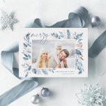 Iced Branches | Elegant Photo Rose Gold 箔シーズンカード<br><div class="desc">This simple and elegant nature-inspired holiday card features your favorite horizontal or landscape-oriented photo adorned at the corners with sprigs of graceful icy blue watercolor foliage with rose gold foil accents. "Merry" appears at the top left in chic handwritten script lettering, with your names and the year at the bottom...</div>