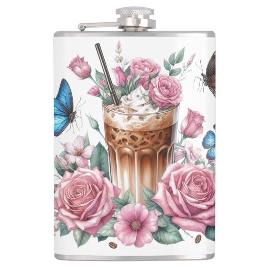Iced Coffee & Butterfly Floral Art フラスク (正面)