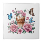 Iced Coffee & Butterfly Floral Ceramic Tile タイル (正面)
