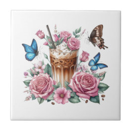 Iced Coffee & Butterfly Floral Ceramic Tile タイル