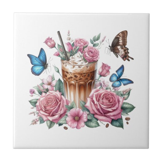 Iced Coffee & Butterfly Floral Ceramic Tile タイル (正面)