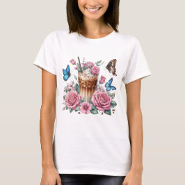 Iced Coffee & Floral Butterfly T-Shirt Summer Art Tシャツ