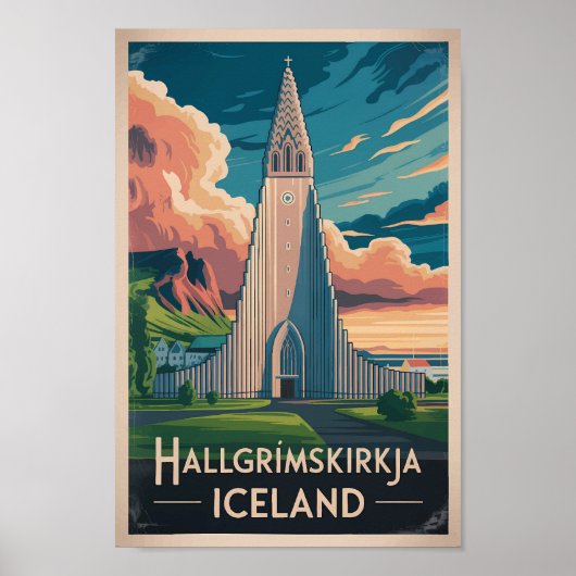 Iceland Hallgrimskirkja Illustration Travel Art ポスター (正面)