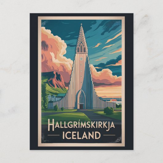 Iceland Hallgrimskirkja Illustration Travel Art ポストカード (正面)