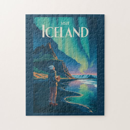 Iceland Northern Lights Illustration Travel Art Vi ジグソーパズル (縦)