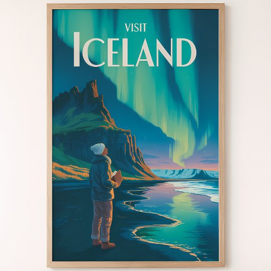 Iceland Northern Lights Illustration Travel Art Vi ポスター