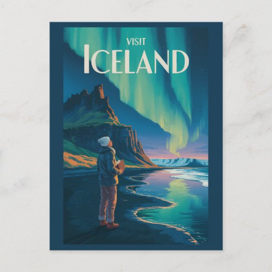 Iceland Northern Lights Illustration Travel Art Vi ポストカード (正面)
