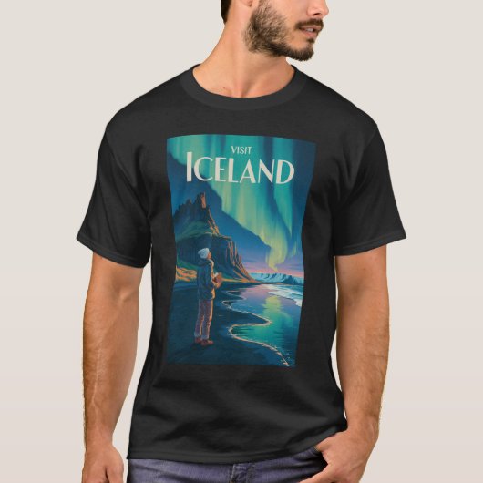 Iceland Northern Lights Illustration Travel Art Vi Tシャツ (正面)