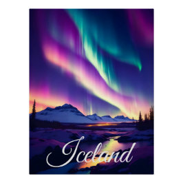 Iceland Northern Lights Travel Poster ポスター