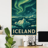 Iceland Northern Lights – Vintage Arctic Landscape ポスター (ホームオフィス)