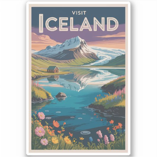 Iceland Painterly Illustration Travel Art Vintage シール (正面)