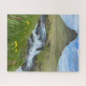 Iceland Waterfall and Mountain with Flowers  ジグソーパズル (横)