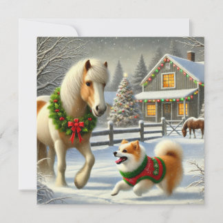 Icelandic Horse and Dog Christmas Card シーズンカード