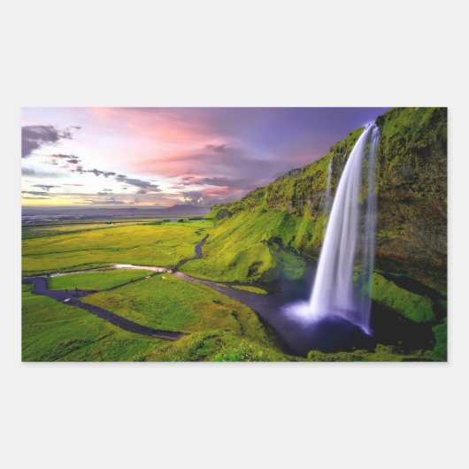 Icelandic Waterfall Green Nature Photo 長方形シール (正面)