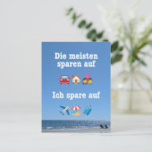 „Ich spare auf … Reisen!“ Postkarte ポストカード (スタンド正面)