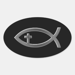 Ichthus -十字架像とのキリスト教の魚の記号 楕円形シール