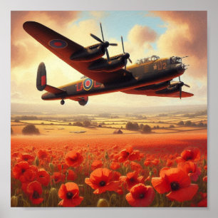 Iconic Lancaster Soars Above Poppy Field at Dusk ポスター