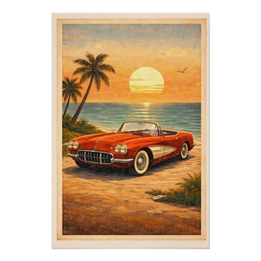 Iconic Red Convertible Beach Sunset Retro Travel  ポスター (正面)