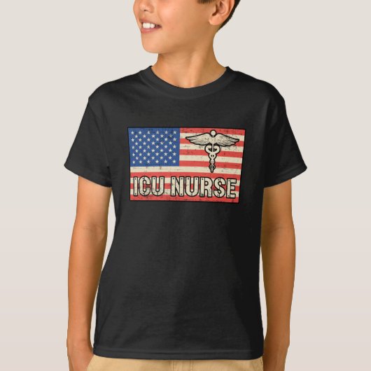 ICUナース医療緊急米国国旗おもしろい Tシャツ (正面)