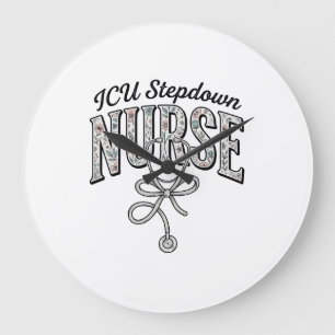 ICU ステップダウン看護師 アンティーク花柄聴診器Tシャツ ラージ壁時計