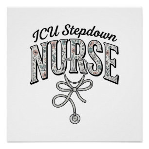 ICU ステップダウン看護師 アンティーク 花柄 ステトスコープ Tシャツ ポスター
