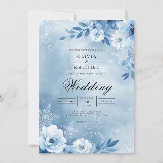 Icy Blue Bloom Enchantment Wedding 招待状 (正面)