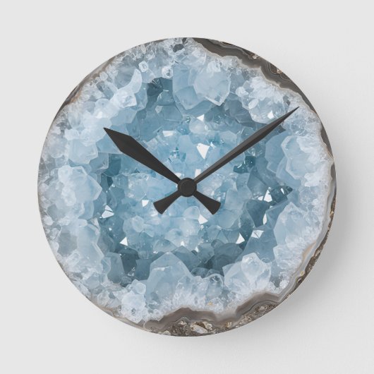 Icy Blue Celestite Crystal Geode Printed Gemstone ラウンド壁時計 (正面)