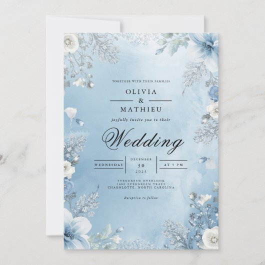 Icy Blue Floral Frame Wedding 招待状 (正面)
