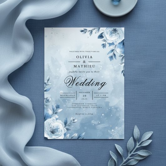 Icy Blue Floral Romance Wedding 招待状