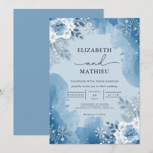 Icy Blue Frost Floral Winter Wedding 招待状 (正面/裏面)