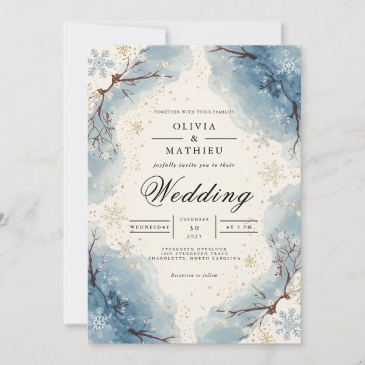 Icy Blue Snowflakes Winter Wedding 招待状 (正面)
