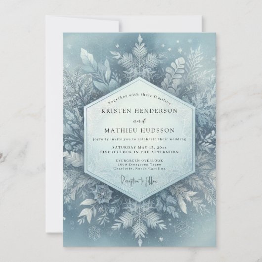 Icy Blue Winter Flora Wedding 招待状 (正面)