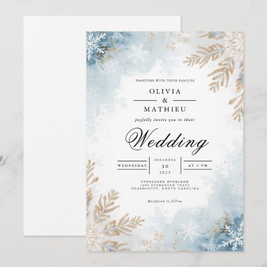 Icy Frost Botanical Romance Wedding 招待状 (正面/裏面)
