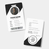 IDバーコード付き社員写真 ブラック モダン ミニマル バッジ (正面&裏面)
