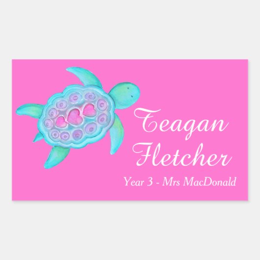 ID亀のハートピンクステッカーという名前の子供 長方形シール (正面)