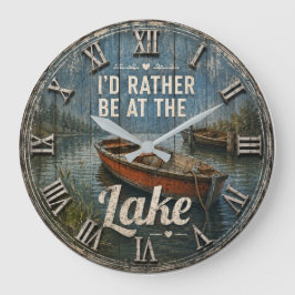 I'd Rather Be at the Lake House Rustic Vintage ラージ壁時計