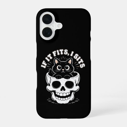 If It Fits I Sit 黒猫ドクロ ミニマリスト ミーム iPhone 16ケース (裏面)