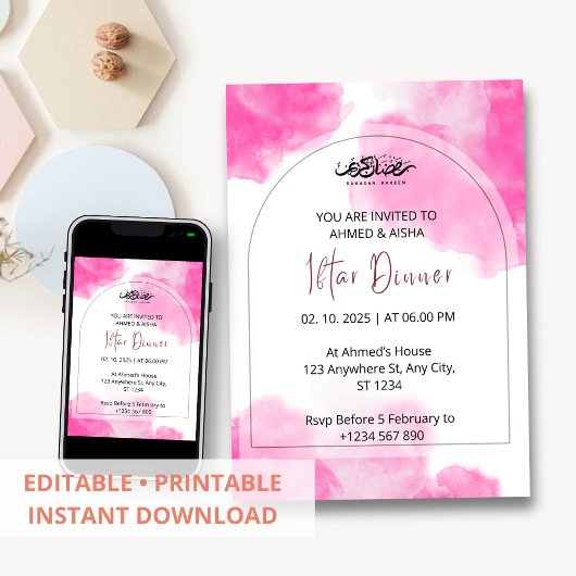 Iftarディナー招待ラマダンピンクの水色 招待状
