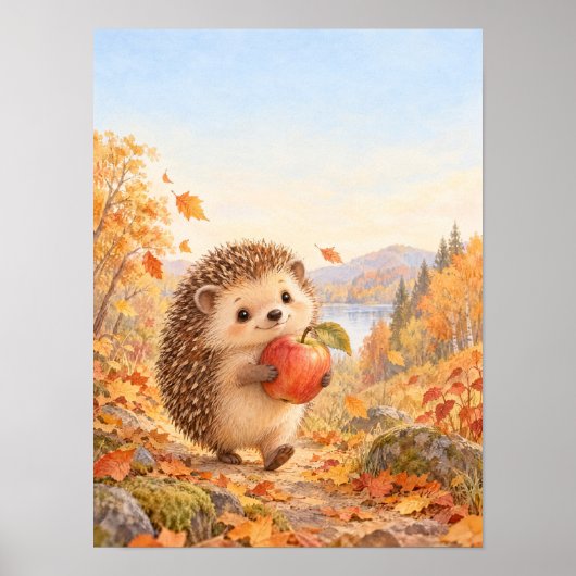 Igel mit rotem Apfel auf dem Waldweg – Poster ポスター (正面)
