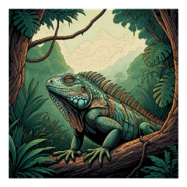 Iguana lizard among a tropical jungle setting ポスター