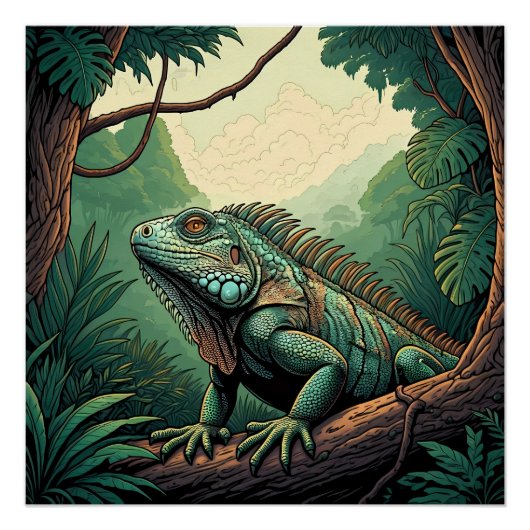Iguana lizard among a tropical jungle setting ポスター (正面)