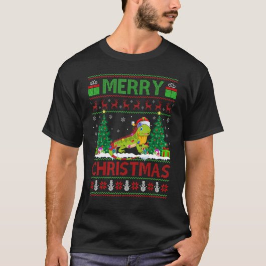 Iguana   Xmas Tree Lights Ugly Santa Iguana Christ Tシャツ (正面)