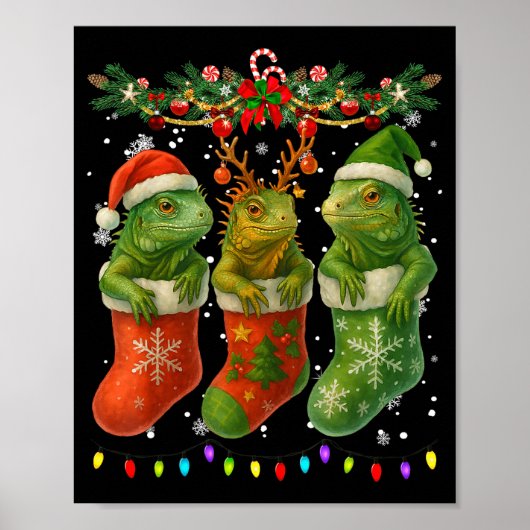Iguanas In Christmas Socks Lights Iguanas Xmas ポスター (正面)