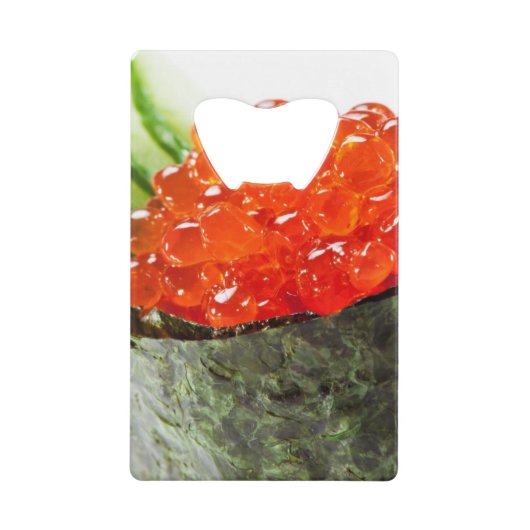 Ikura (サーモンピンクの卵) Gunkan Makiの寿司 クレジットカード栓抜き (正面)